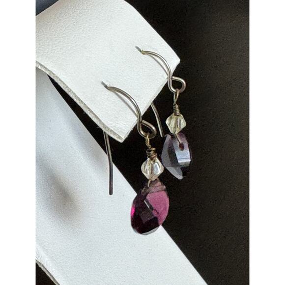 Purple Crystal Teardrop Dangle Fish Hook Earrings - Picture 3 of 4
